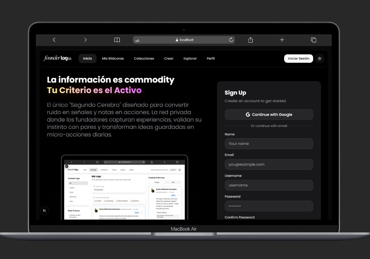Founder Log - Main product screenshot demonstrating key features and user interface