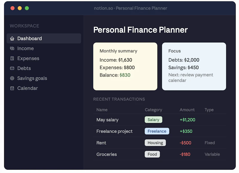 Notion Personal Finance Planner screenshot 2