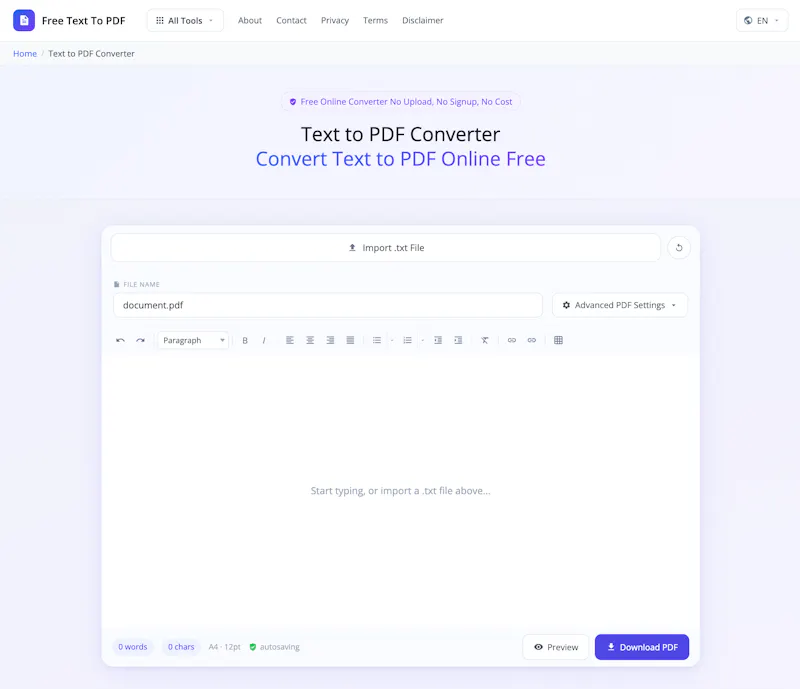 Free Text to PDF screenshot 2