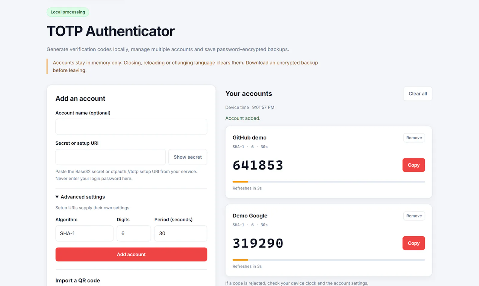 TOTP Authenticator screenshot 1
