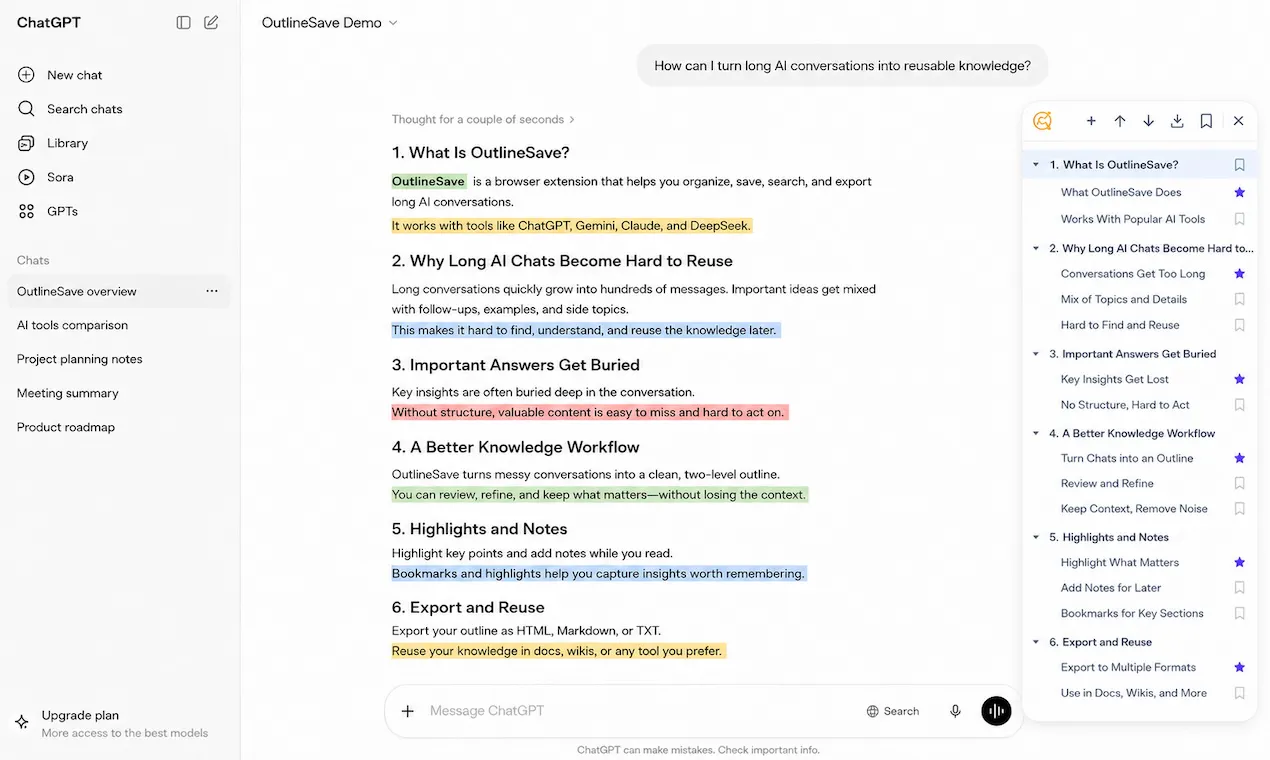 OutlineSave: AI Chats to Offline HTML screenshot