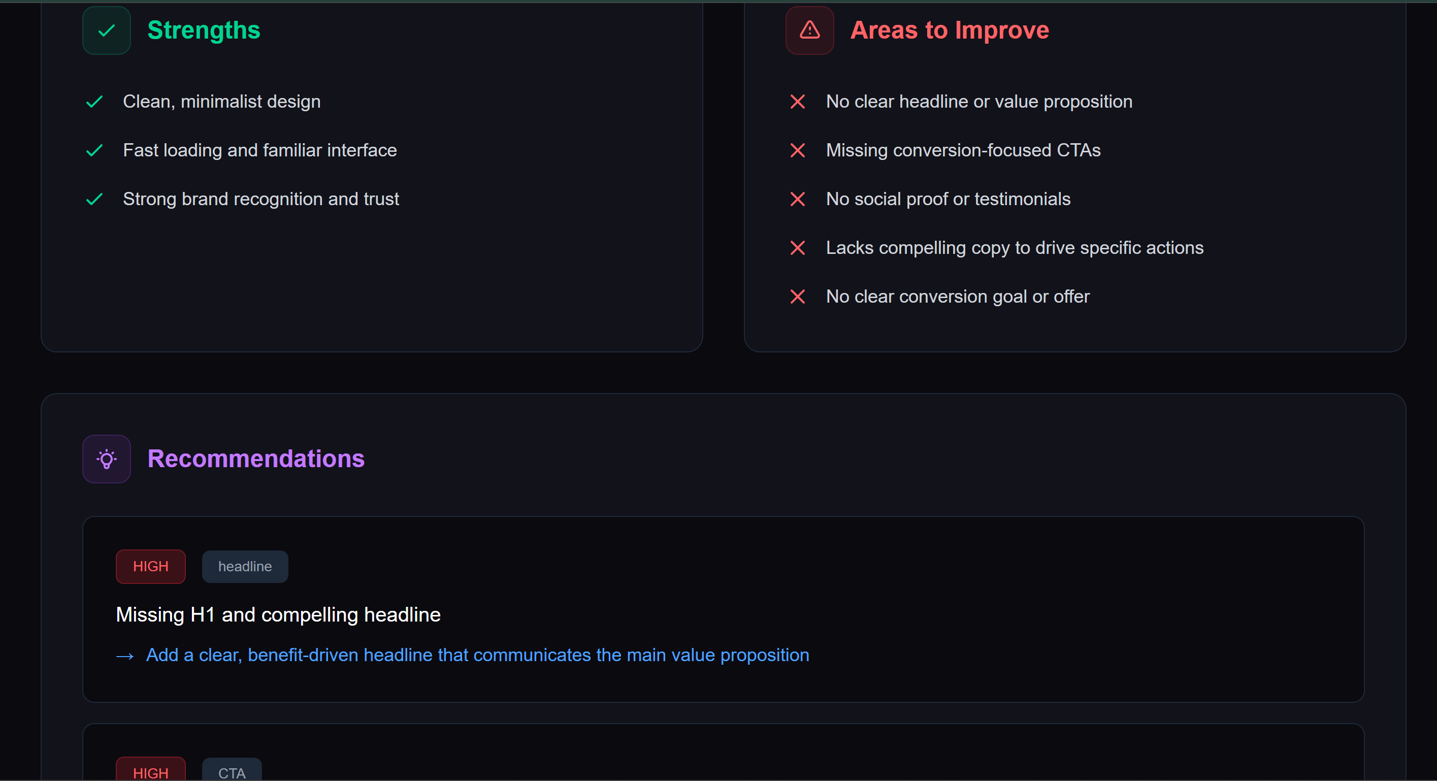 Landing Page Critic - Screenshot 3 showing product features and functionality