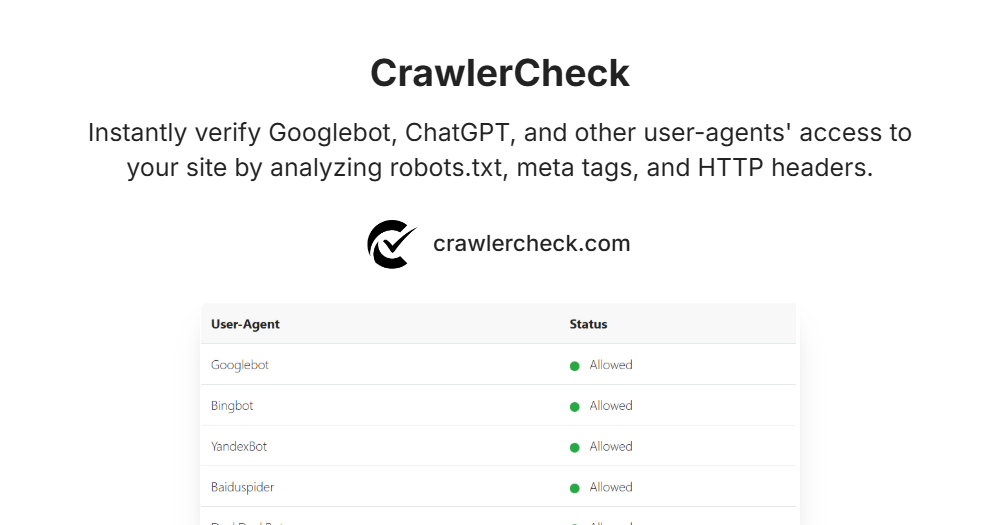 CrawlerCheck - 검색 엔진 또는 AI 봇을 차단하는지 확인하십시오. 미디어 1
