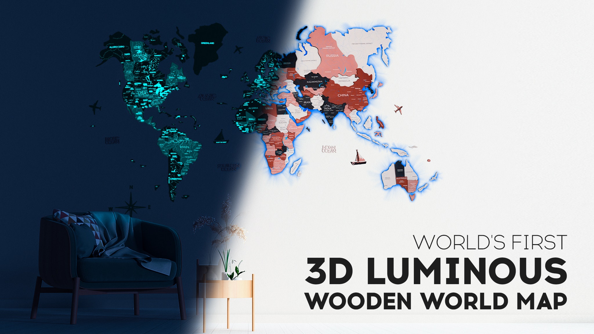 The First 3d Luminous Wooden World Map Luminescence Magnetic Map With Led Backlight Product Hunt World'S First 3d Wooden World Map