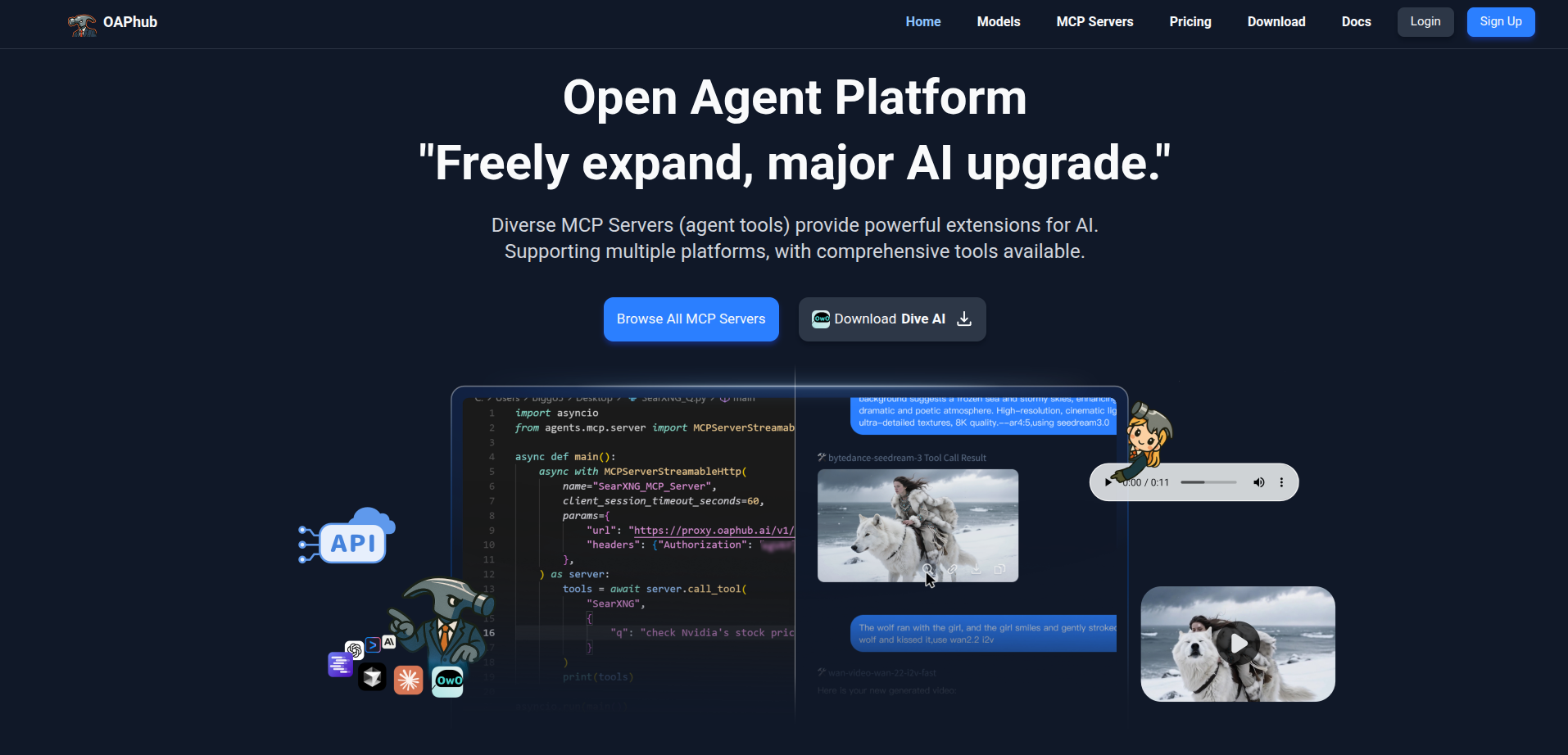 OAPhub: Open Agent Platform for MCP - Main product screenshot demonstrating key features and user interface
