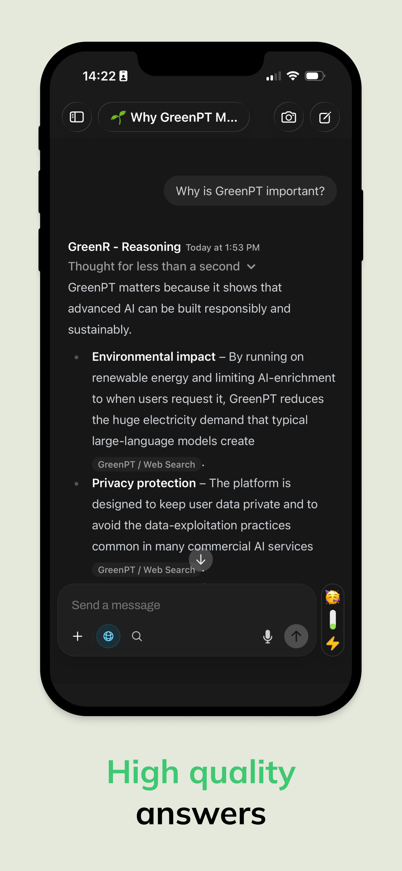 GreenPT for iOS - Screenshot 3 showing product features and functionality
