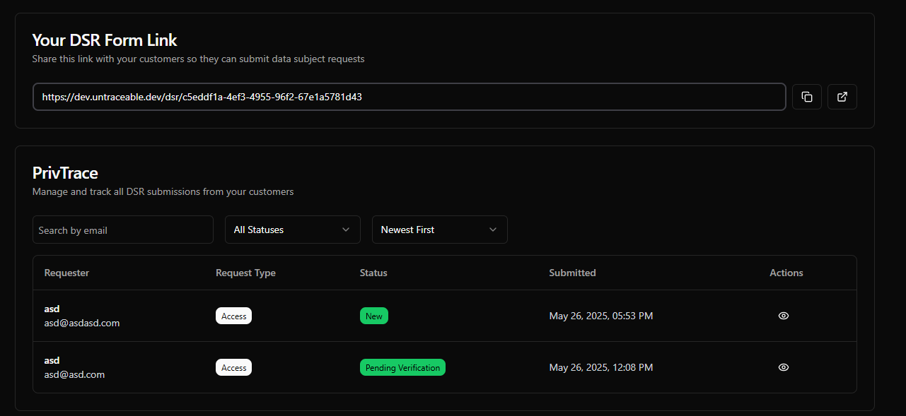 Mídia 3 de Privtrace - A caixa de entrada de código aberto para solicitações de GDPR, CCPA e privacidade