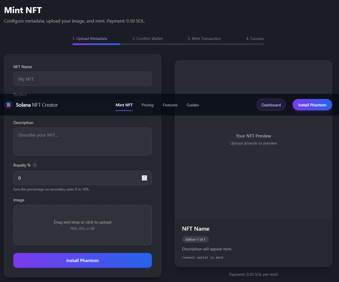 Solana NFT Creator - Main product screenshot demonstrating key features and user interface