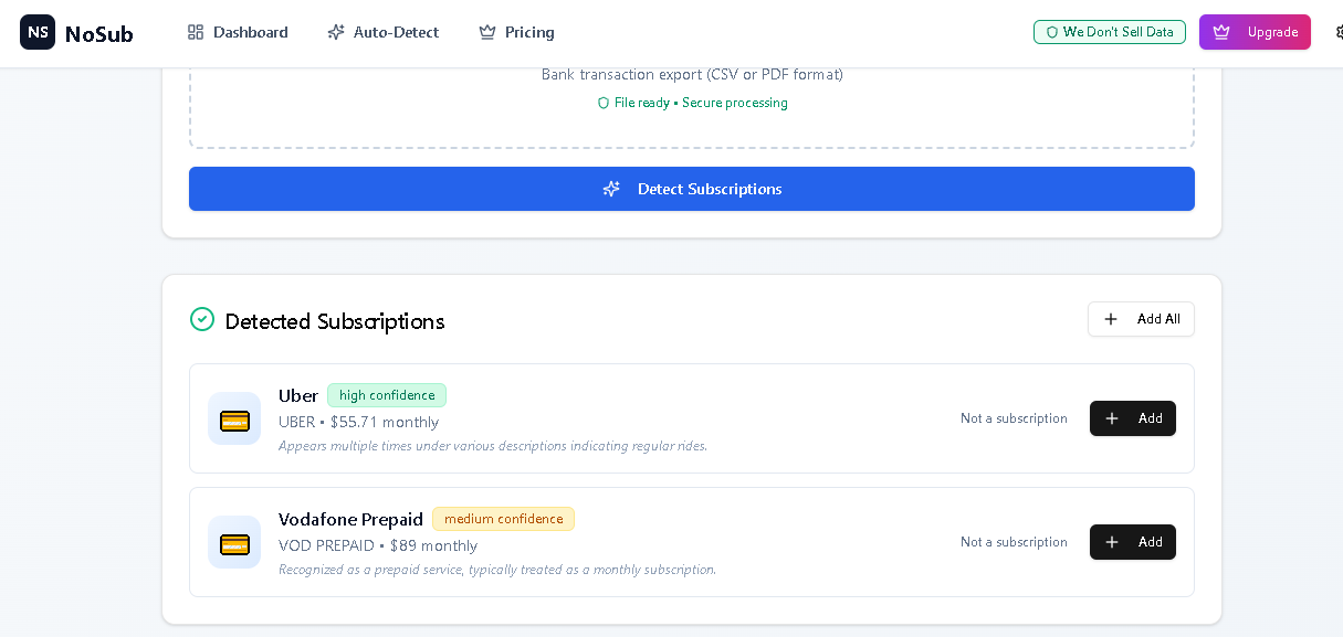 NoSub - Main product screenshot demonstrating key features and user interface