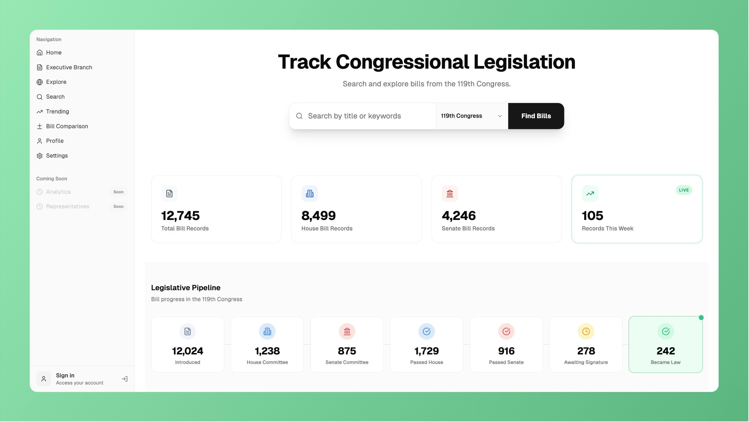 Bill Tracks - Main product screenshot demonstrating key features and user interface