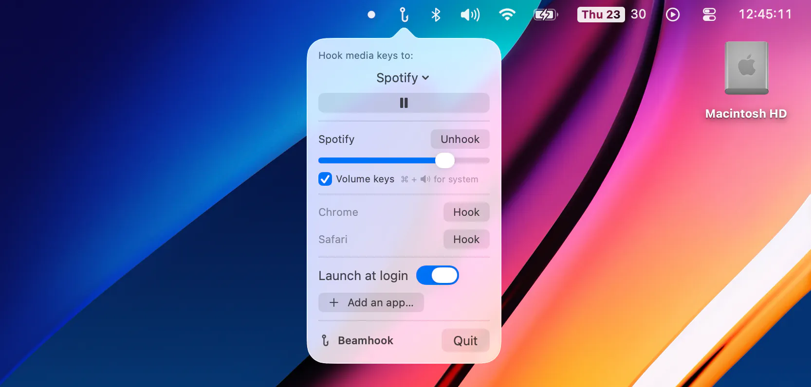 Beamhook menubar screenshot 1