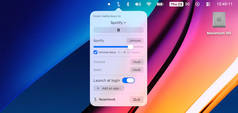 Beamhook menubar screenshot 1