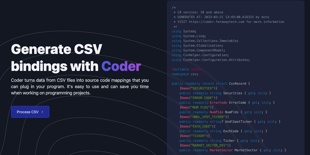 Coder: Coder turns data from CSV files into C# source code mappings ...