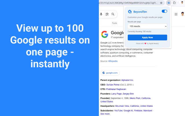Beyondten -100 Google検索結果 - ページごとに最大100個のGoogle検索結果をシームレスに取得します。メディア1