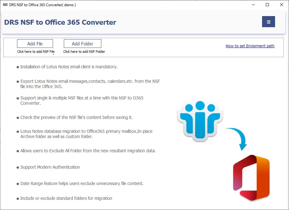 DRS Solution NSF to Office 365 Migration - Screenshot 2 showing product features and functionality