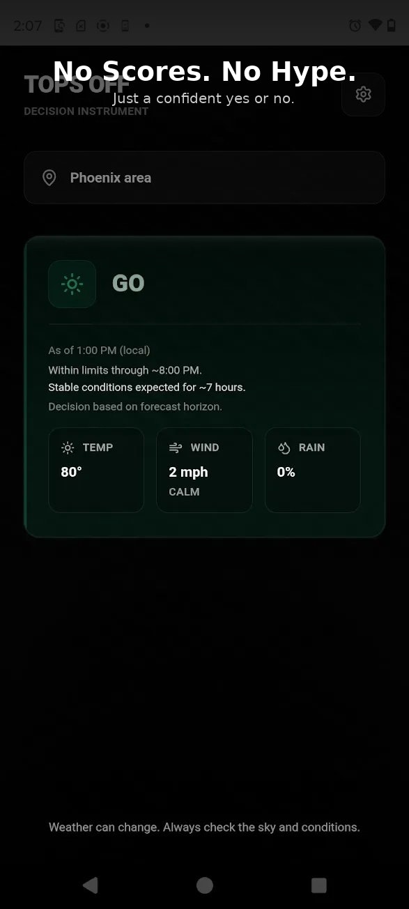 Tops Off – Jeep Weather Decision App - Main product screenshot demonstrating key features and user interface