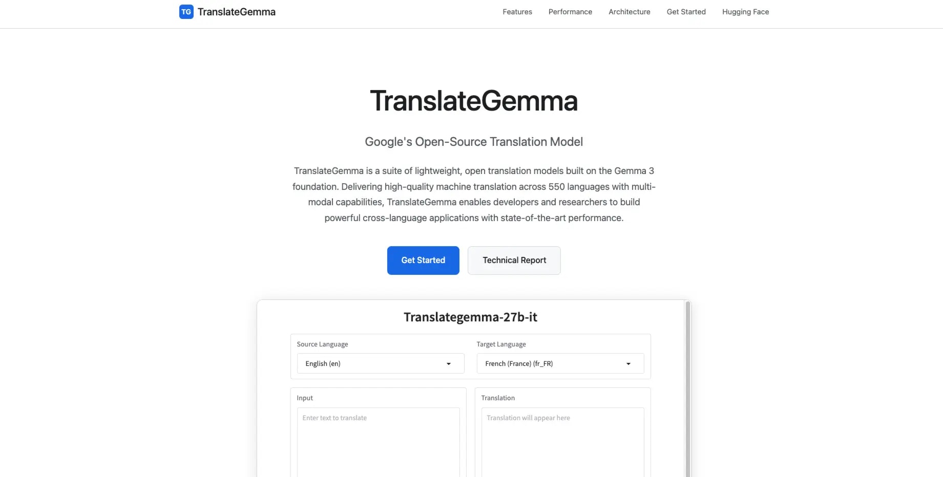 TranslateGemma - Main product screenshot demonstrating key features and user interface
