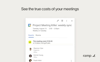 Produto inovador da Ramp apresentando cálculos dinâmicos de custos para reuniões no Google Calendar.