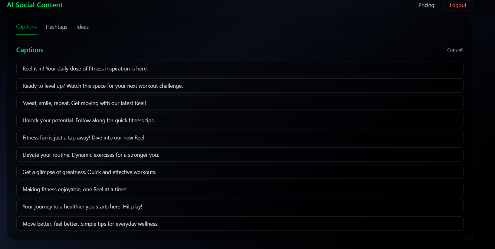 AI Social Content Generator - Screenshot 2 showing product features and functionality