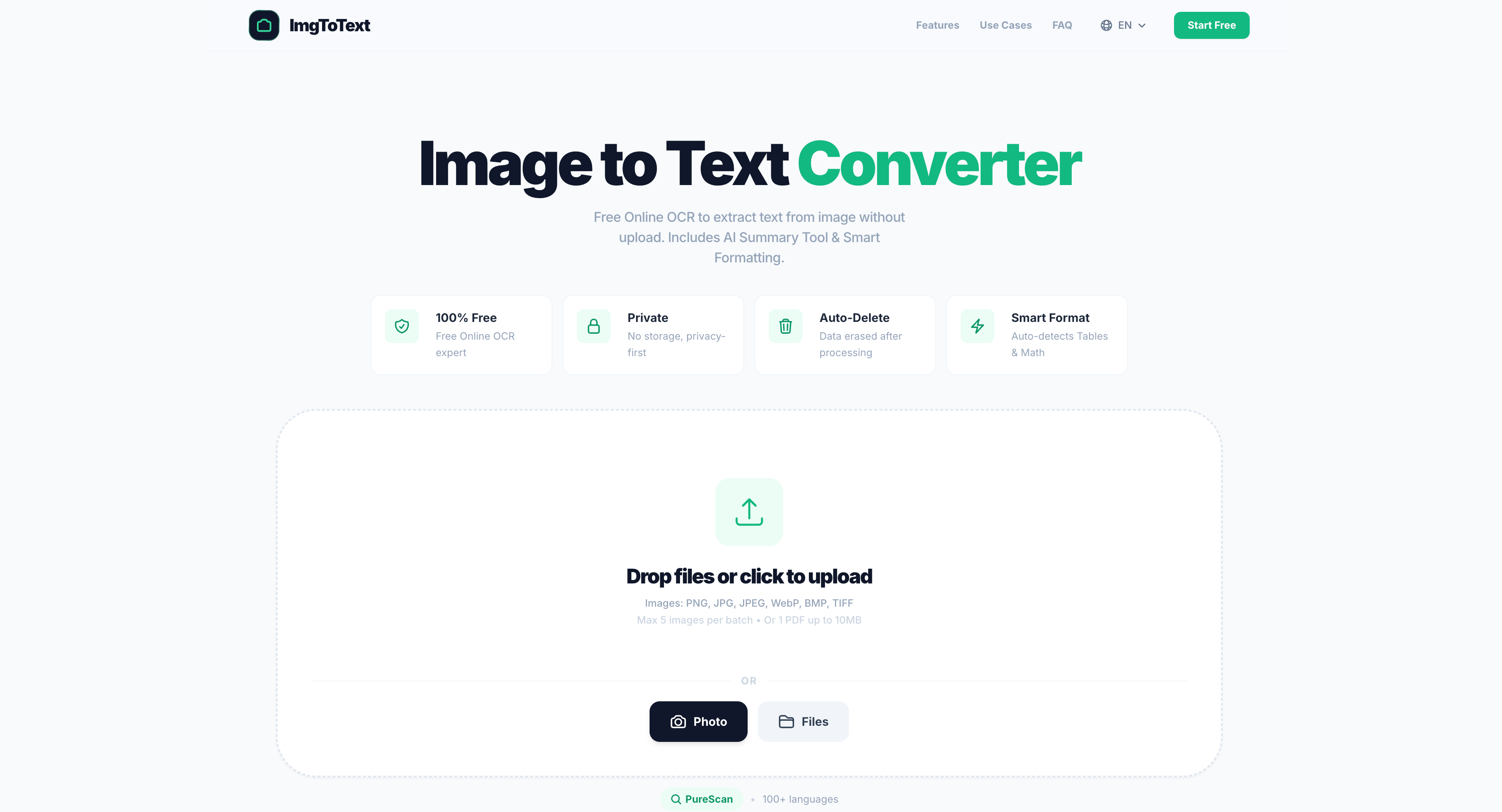 ImgToText AI - Main product screenshot demonstrating key features and user interface