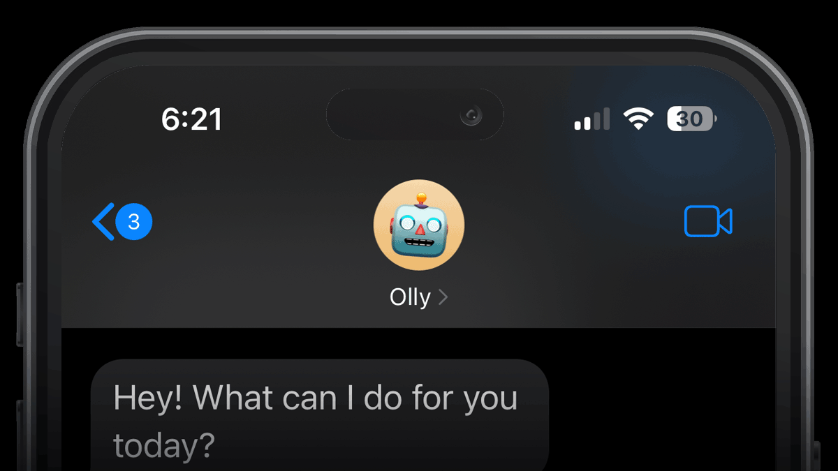 Olly | Build apps over iMessage - Main product screenshot demonstrating key features and user interface