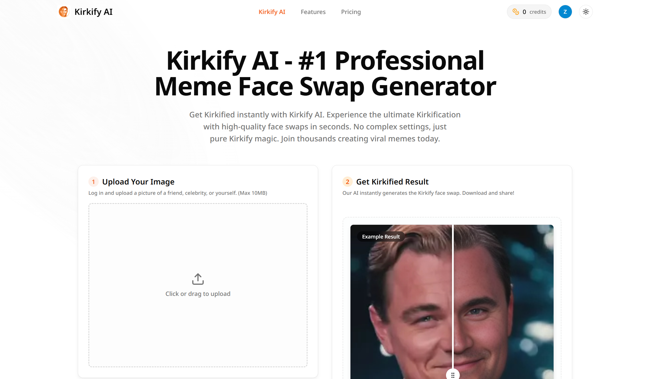 Kirkify AI - Main product screenshot demonstrating key features and user interface