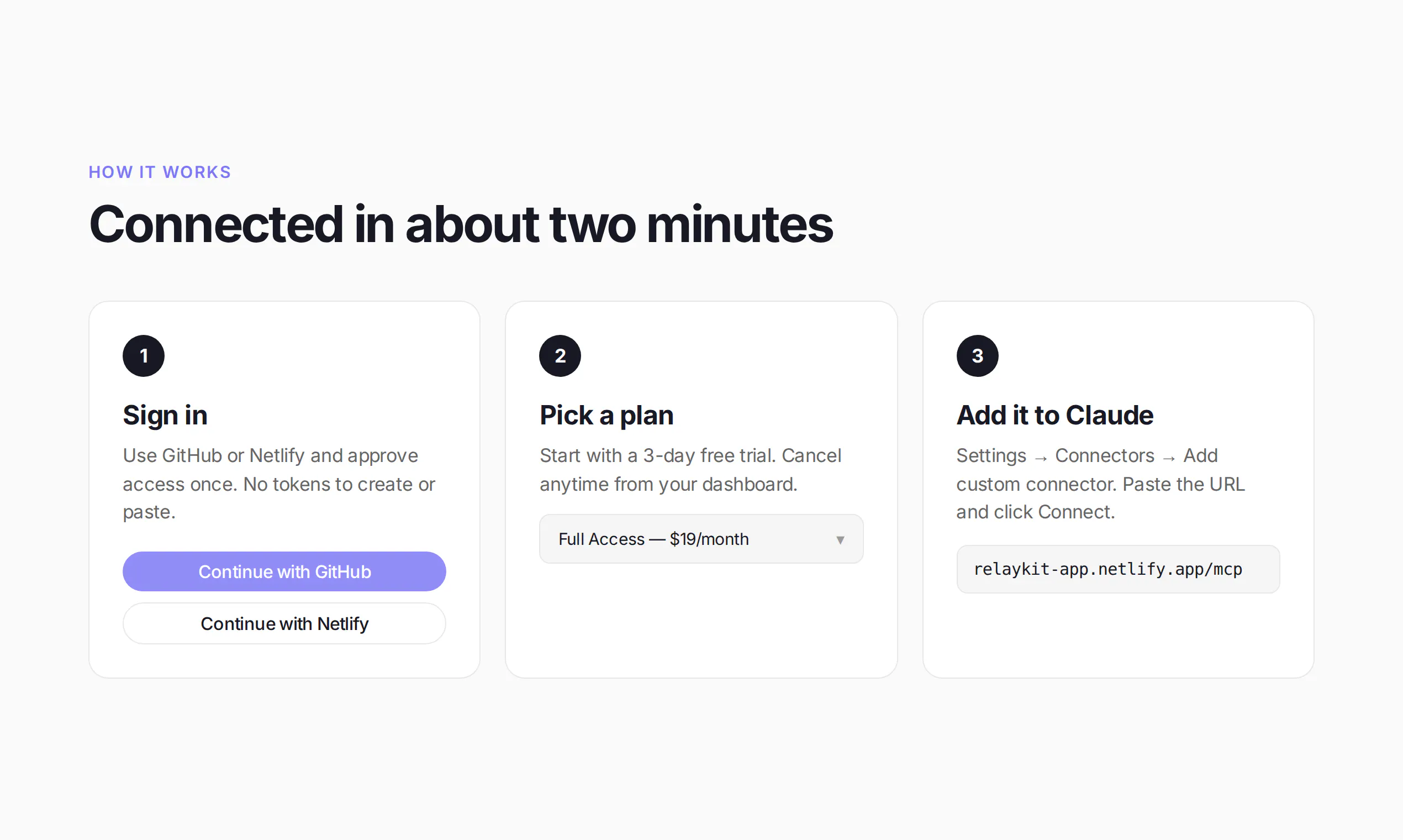 Relaykit: GitHub + Netlify for Claude gallery image