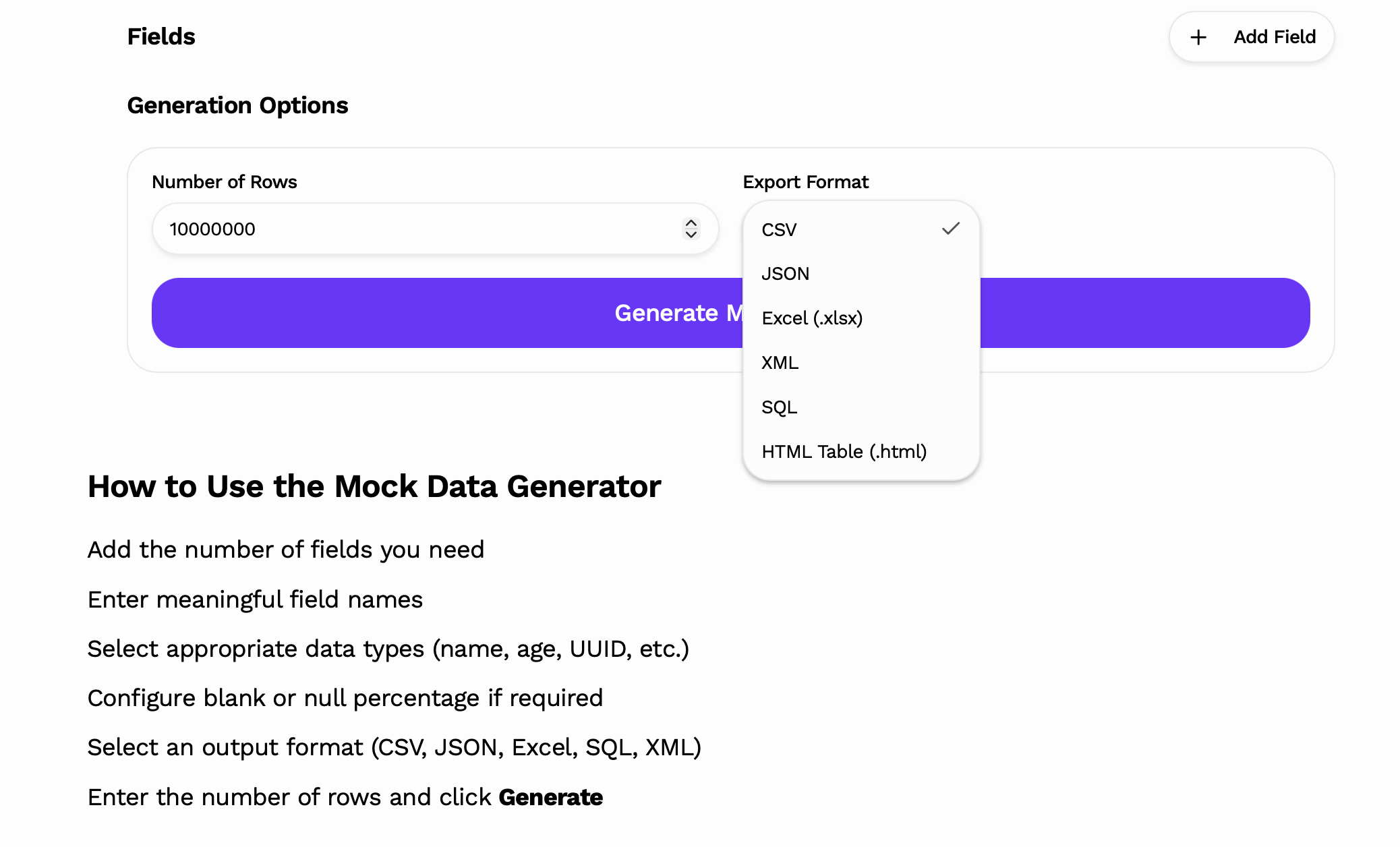 Free Mock Data Generator - Main product screenshot demonstrating key features and user interface