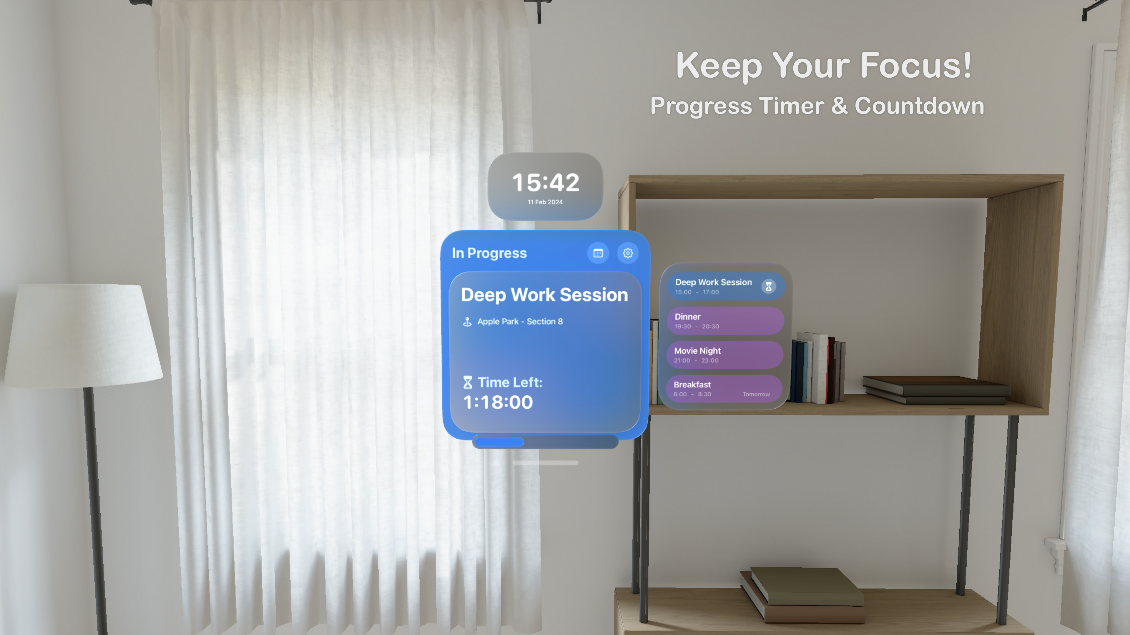 وسائط نظرة خاطفة على Apple Vision Pro - التقويم والساعة وموقت العد التنازلي للتركيز 4