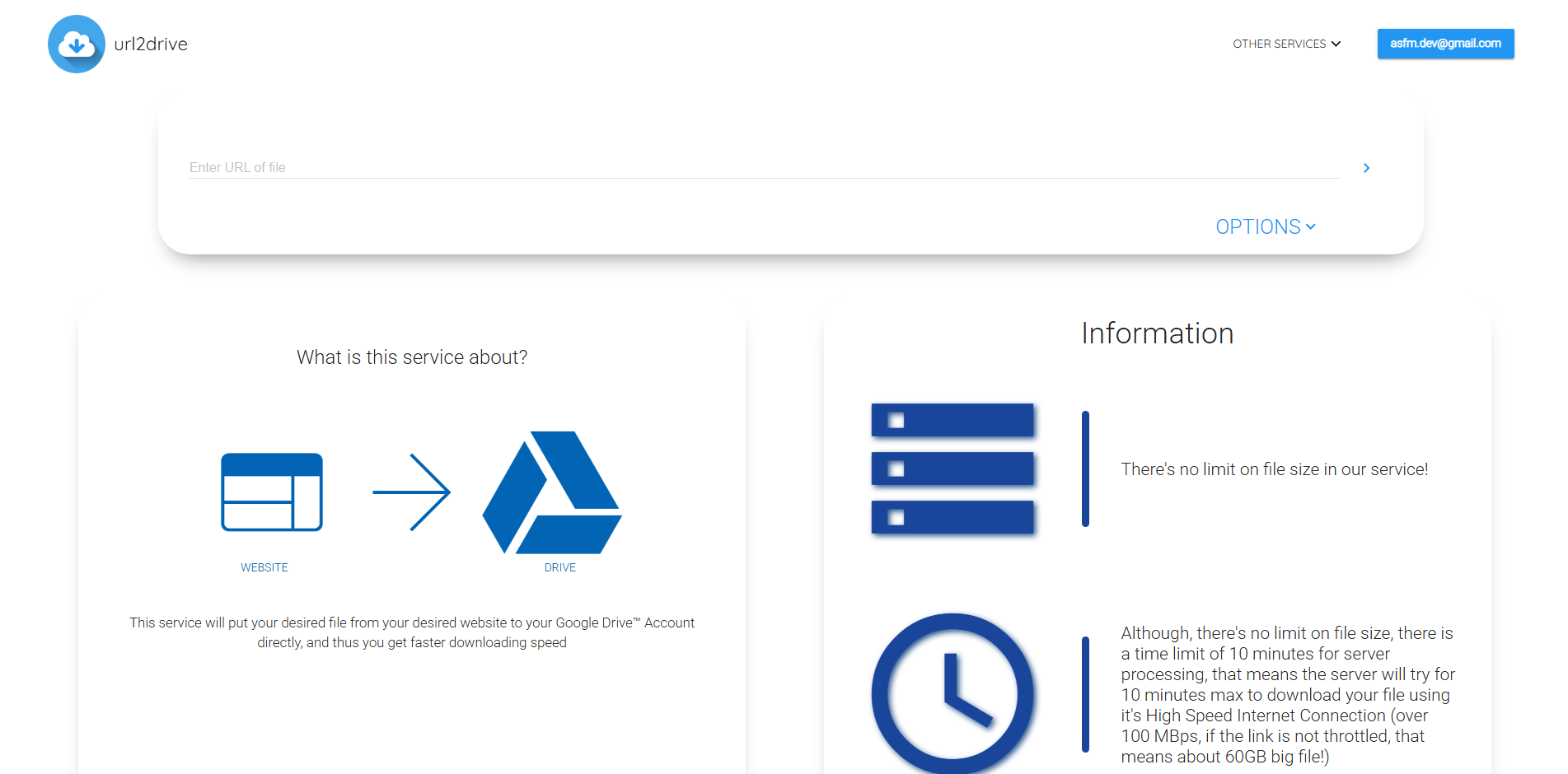 Url2Drive - Main screenshot showing features and interface