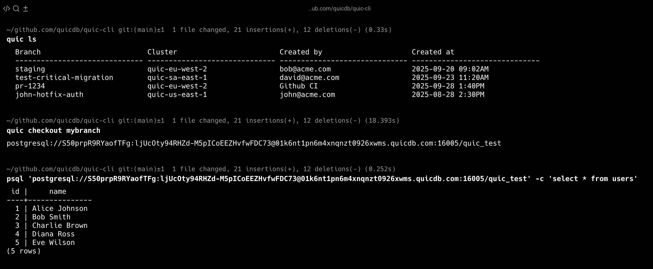 QuicDB: PostgreSQL database branches gallery image