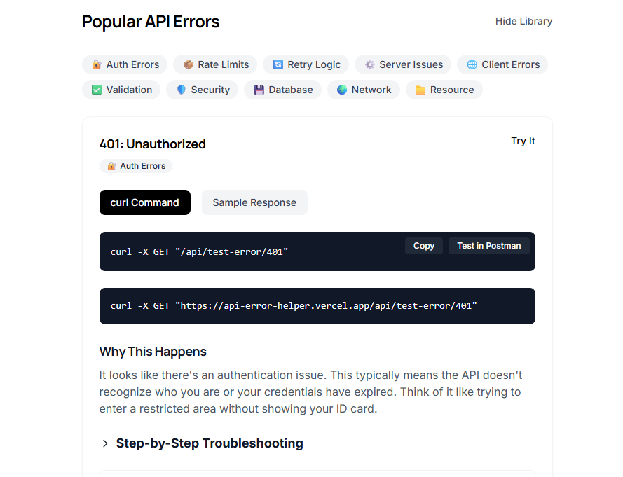 Mídia 3 de API ERRO HELPER - Entender instantaneamente erros de API (401, 404, 500 ...)