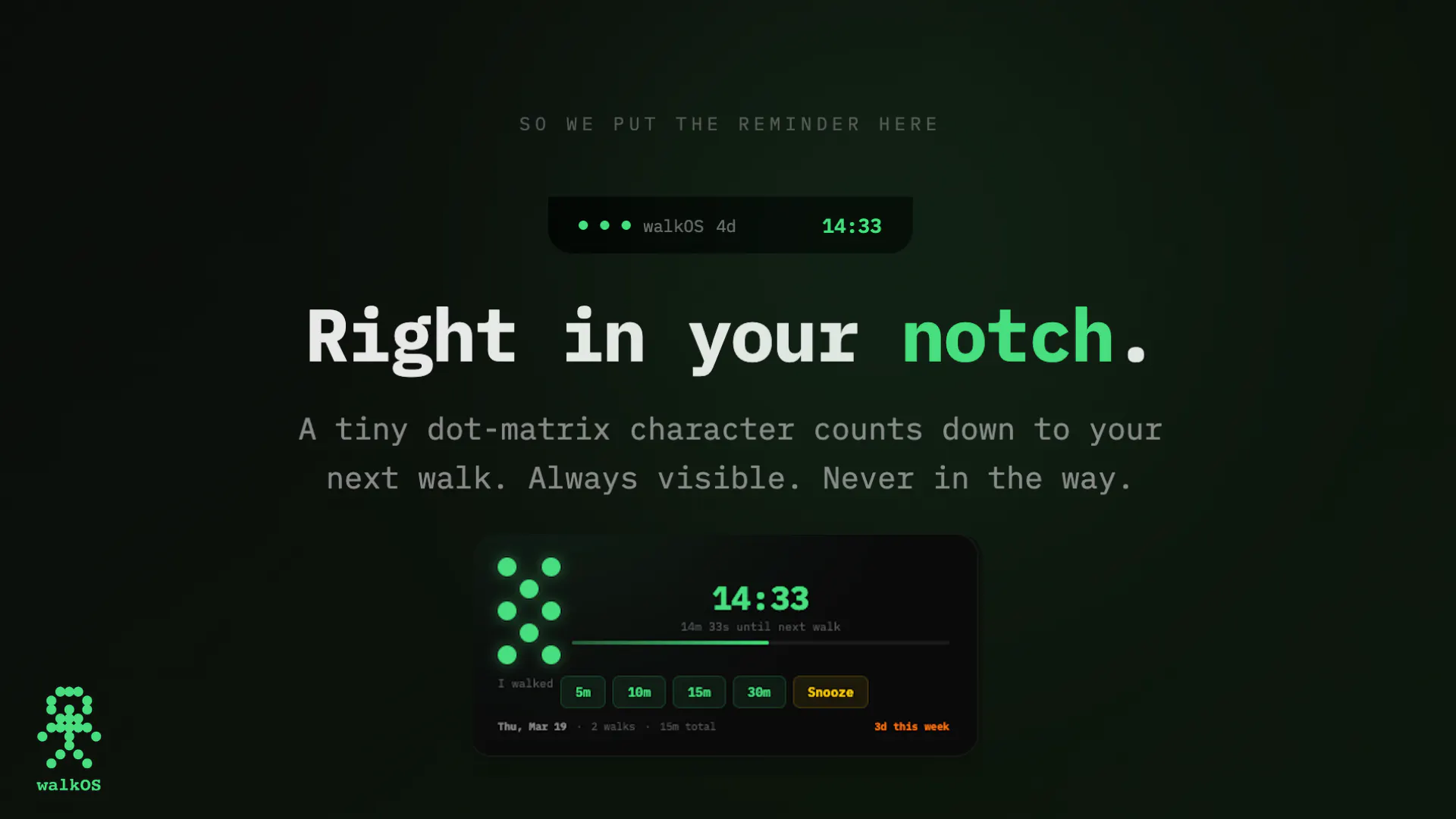 WalkOS - Walking Reminder on MacBook のプロダクトバナー