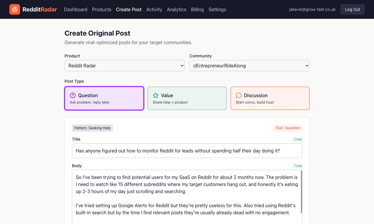 Reddit Radar - Screenshot 2 showing product features and functionality