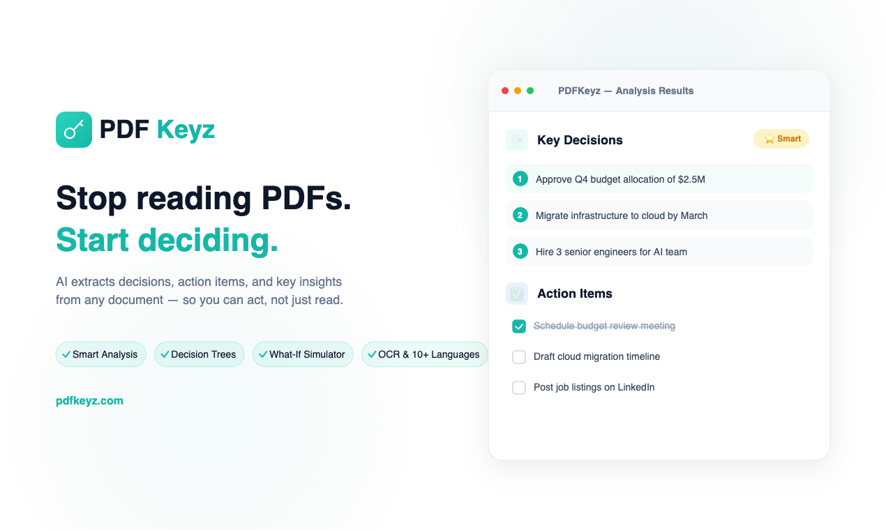 PDFKeyz — PDF to Action Items - Main product screenshot demonstrating key features and user interface