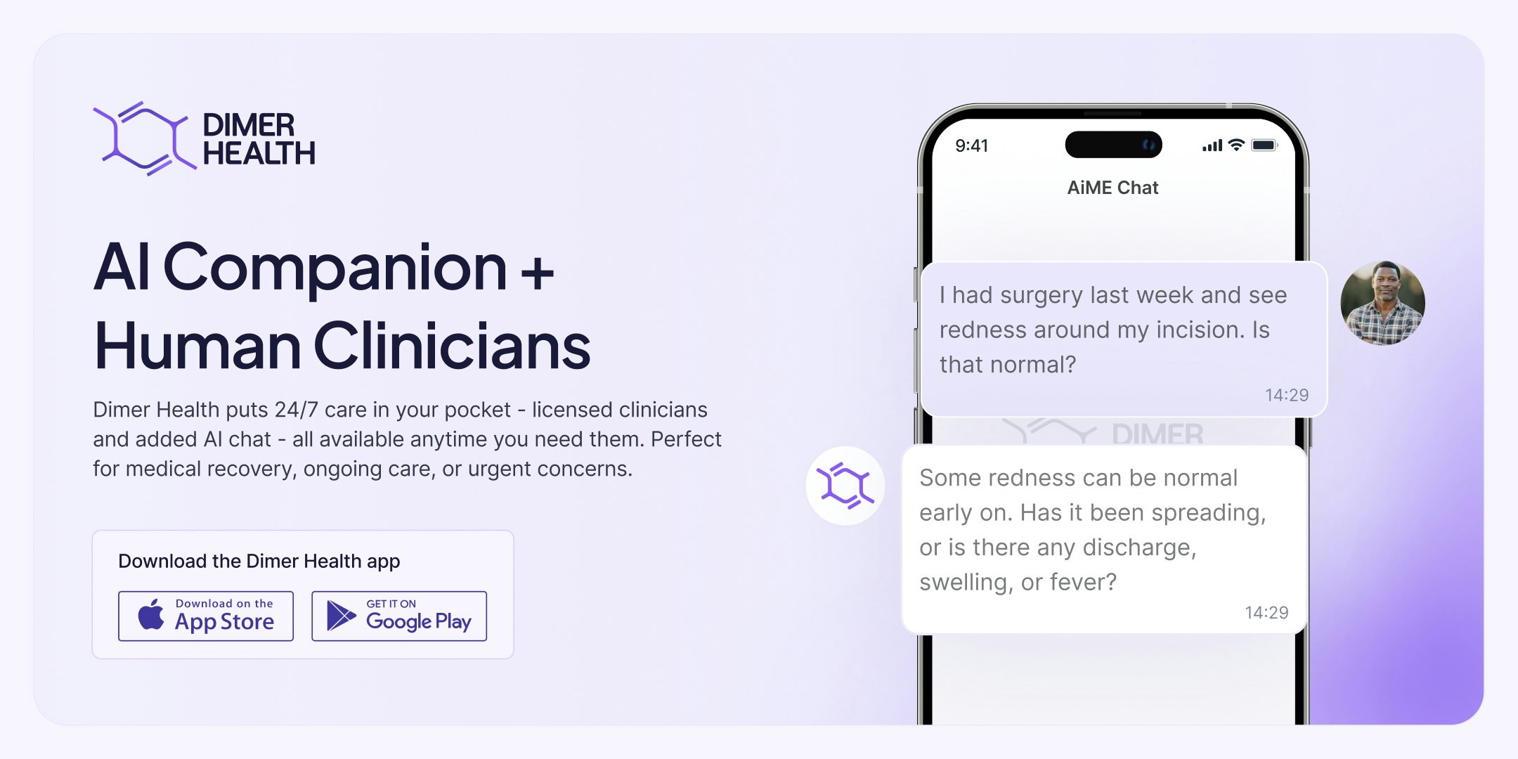 Dimer Health App + AiME - Main product screenshot demonstrating key features and user interface