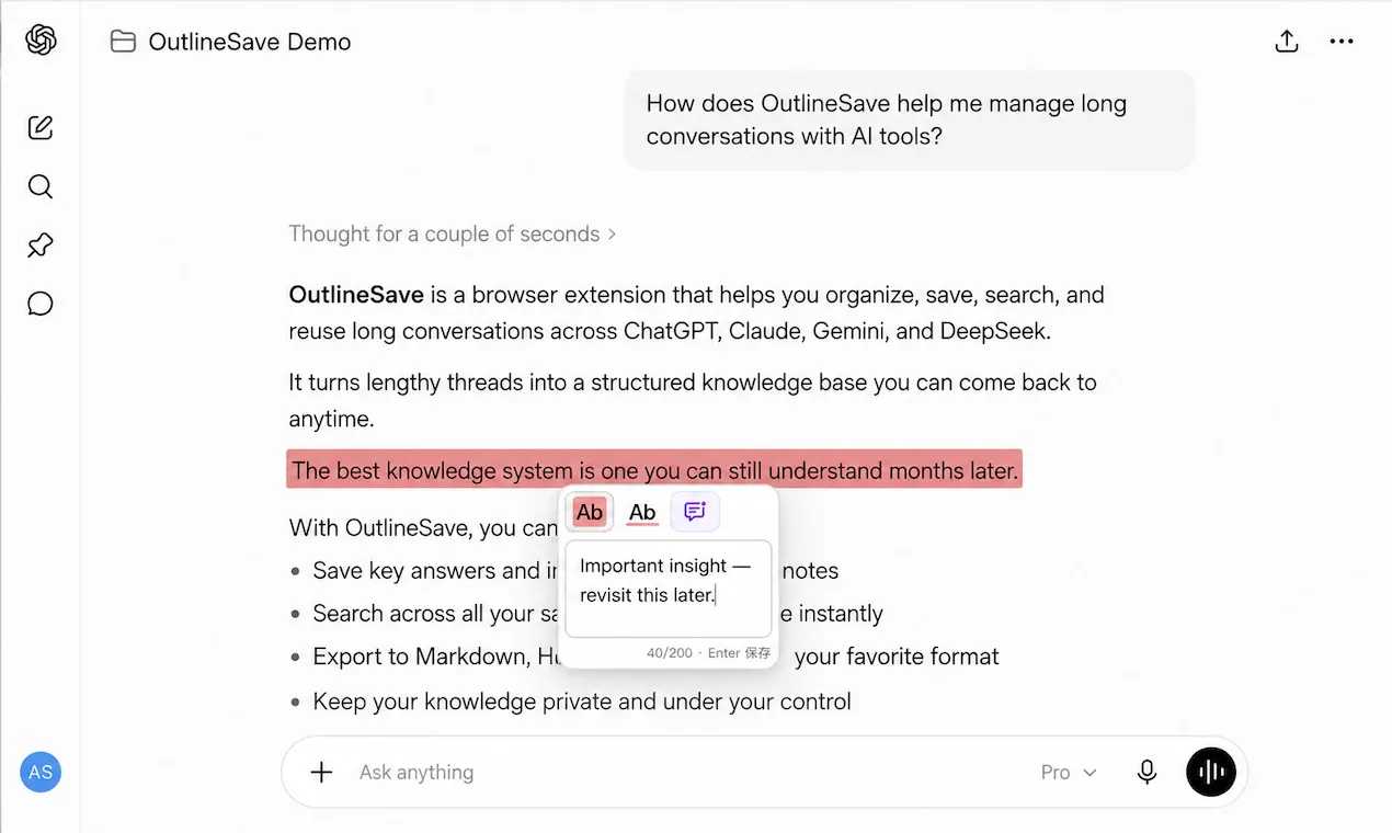 OutlineSave: AI Chats to Offline HTML screenshot