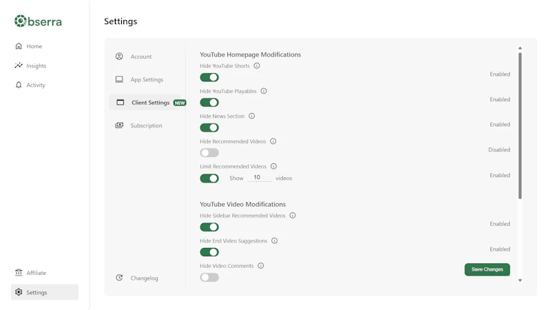 Obserra - YouTube Modifications screenshot 2