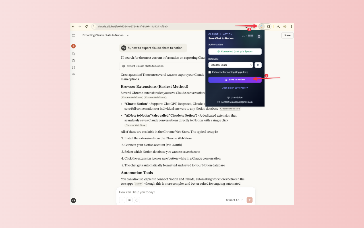 ClaudeAI to Notion: One-click export - Main product screenshot demonstrating key features and user interface