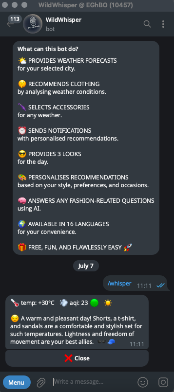 Media Bot Telegram "Wildwhisper" - Hãy sẵn sàng cho bất kỳ thời tiết với wildwhisper! 2