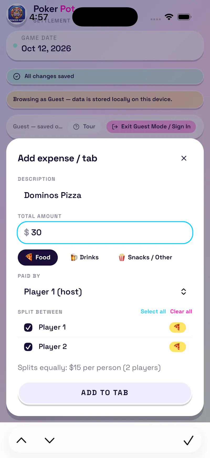 Poker Pot -Track Cashflow,Food & Drinks screenshot 2