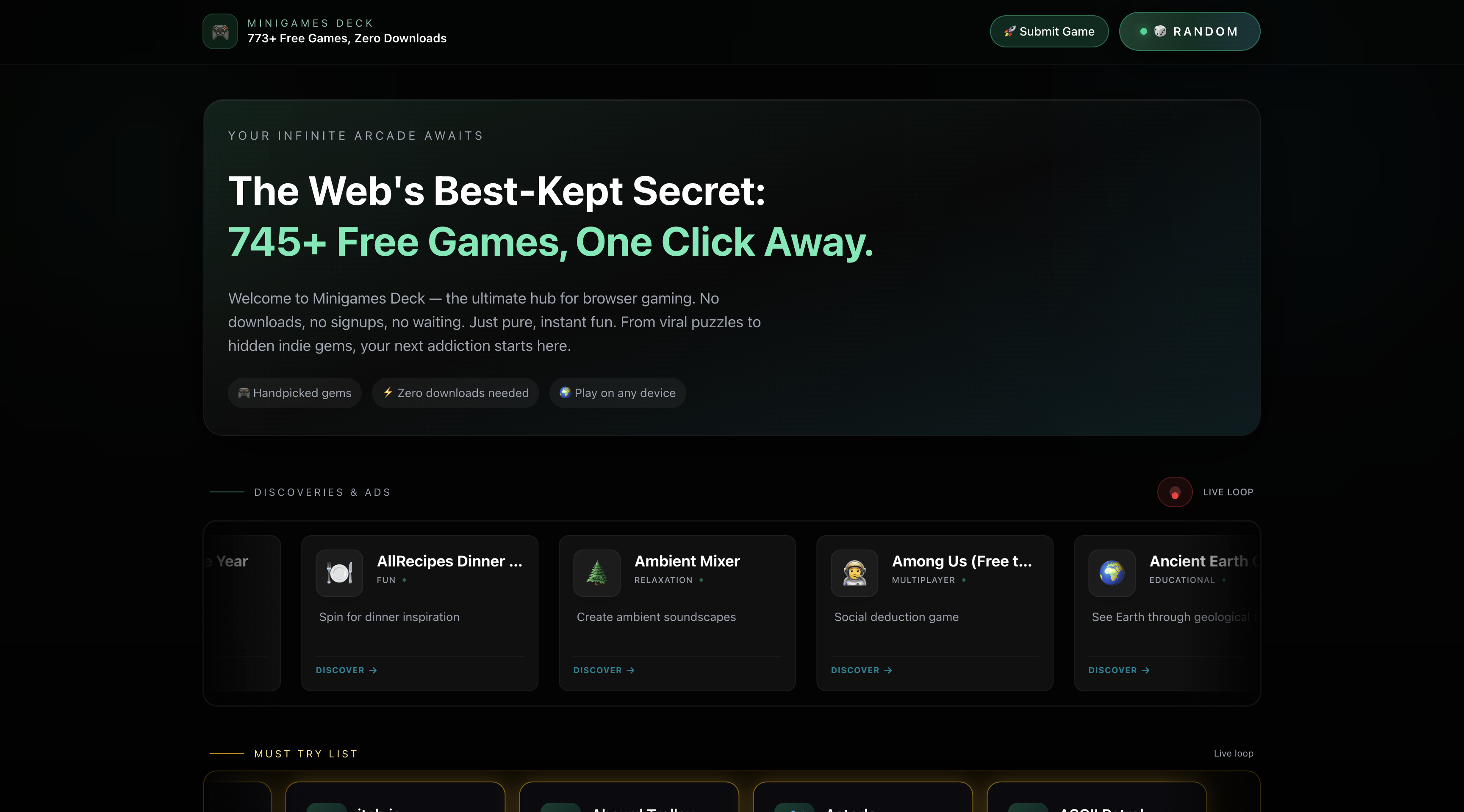 Minigames Deck - Main product screenshot demonstrating key features and user interface