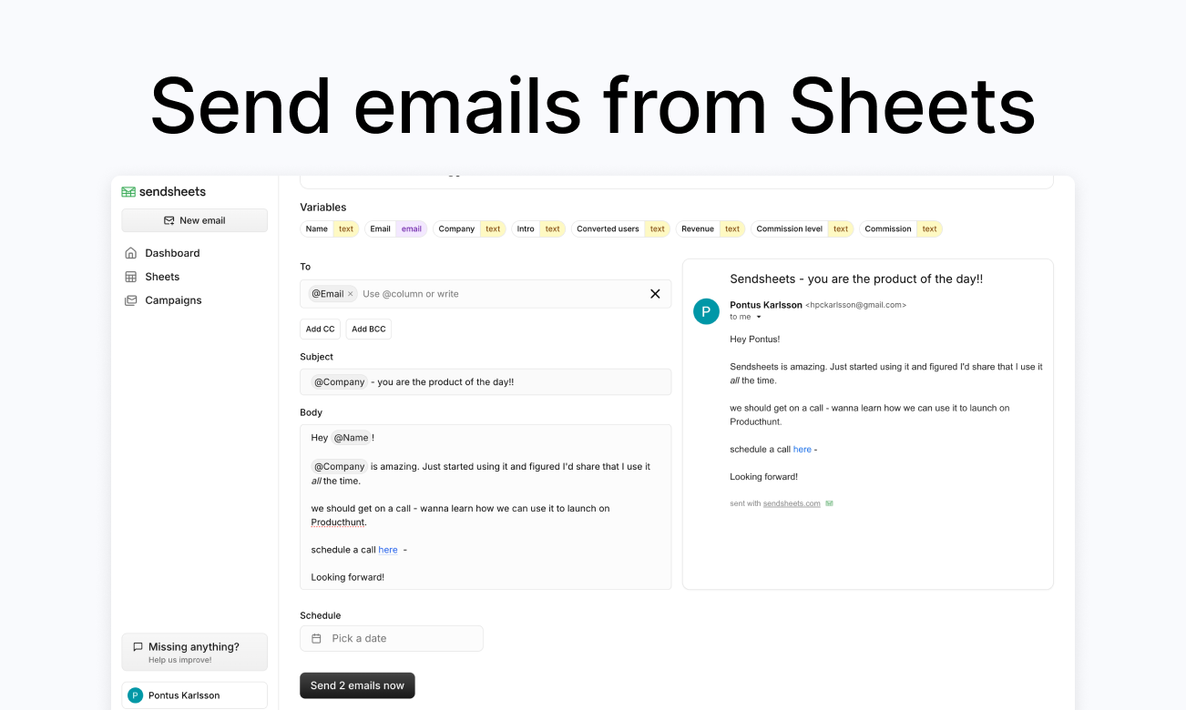 startuptile sendsheets - send personalized emails with google sheets