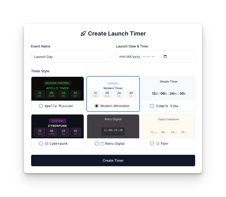 Media LaunchTimer - Buat dan kongsi pemasa pelancaran mudah untuk projek anda yang seterusnya 1