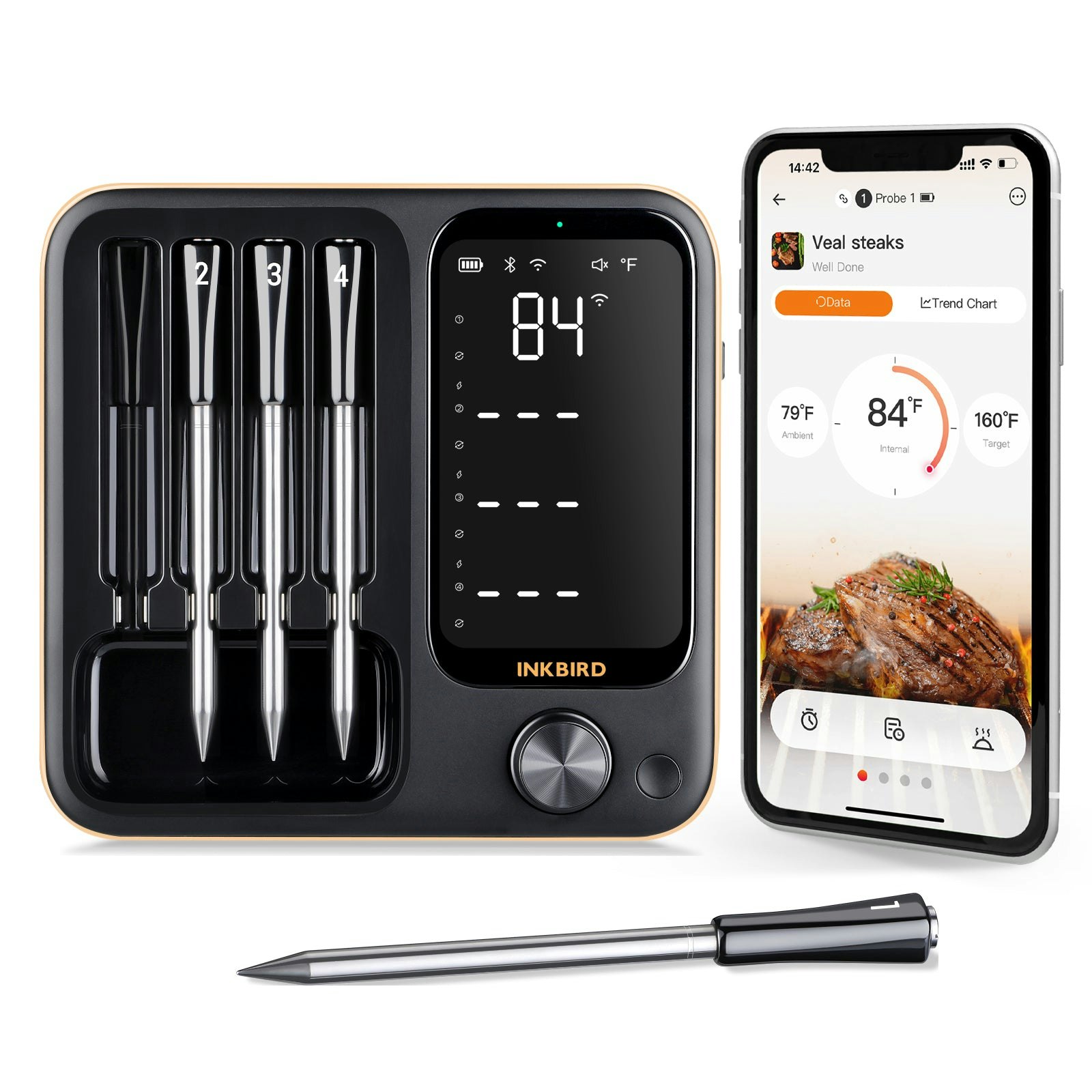 وسائط مقياس الحرارة اللاسلكي Inkbird INT-14-BW - مقياس حرارة اللحوم 4-probe مع Wi-Fi و Bluetooth 2