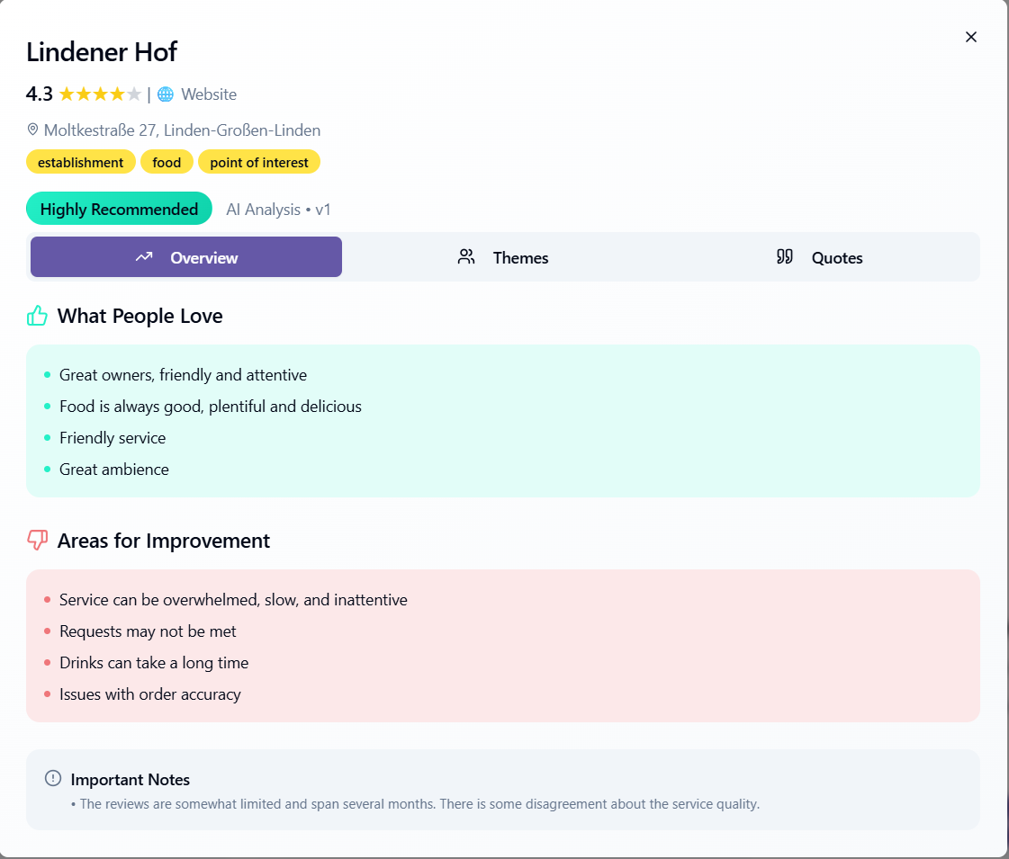 ReviewRadar - ข้อมูลเชิงลึกของ AI Review - ข้อมูลเชิงลึกที่ขับเคลื่อนด้วย AI จากบทวิจารณ์ร้านอาหารในไม่กี่วินาที media 3