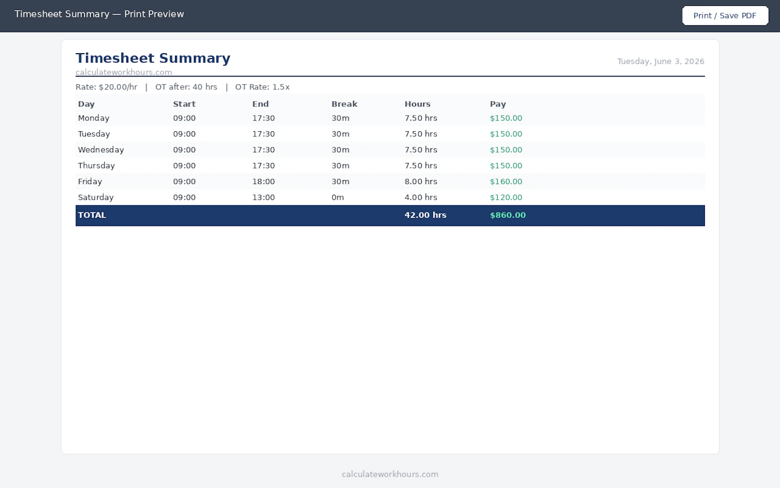 Calculate Work Hours screenshot 2