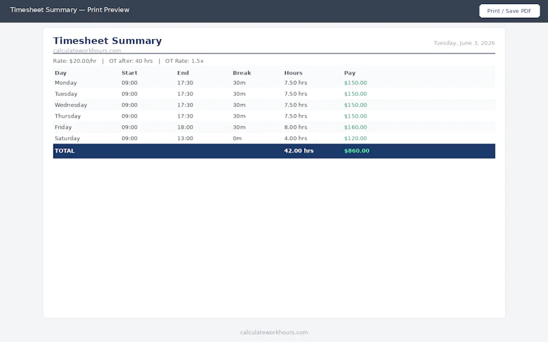 Calculate Work Hours screenshot 2