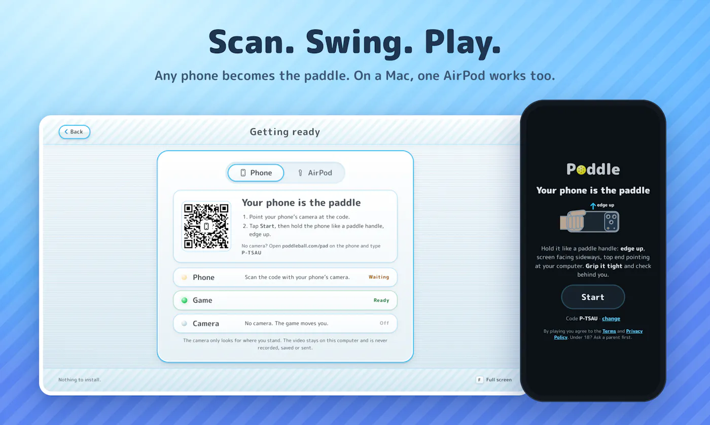 Poddle 'Scan. Swing. Play.': the getting-ready screen with a QR code to pair your phone as the paddle