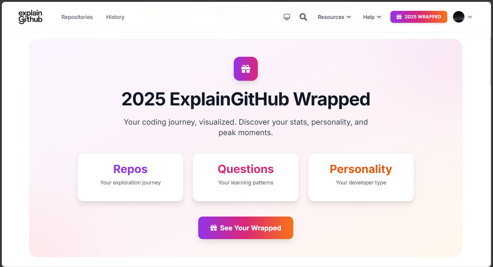 ExplainGitHub Wrapped 2025 - Screenshot 2 showing product features and functionality